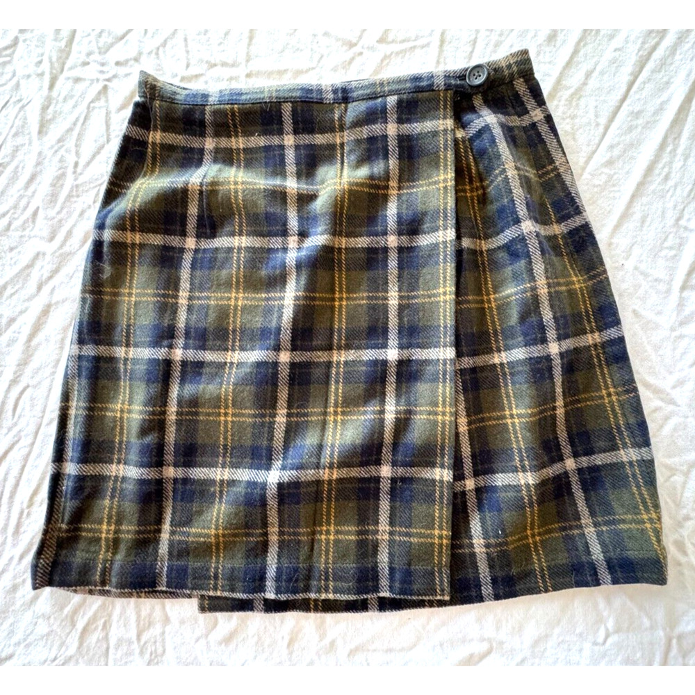 Vintage Y2K Blue Green Plaid Wool Blend Sz 6 Mini Skirt Wrap Old Navy